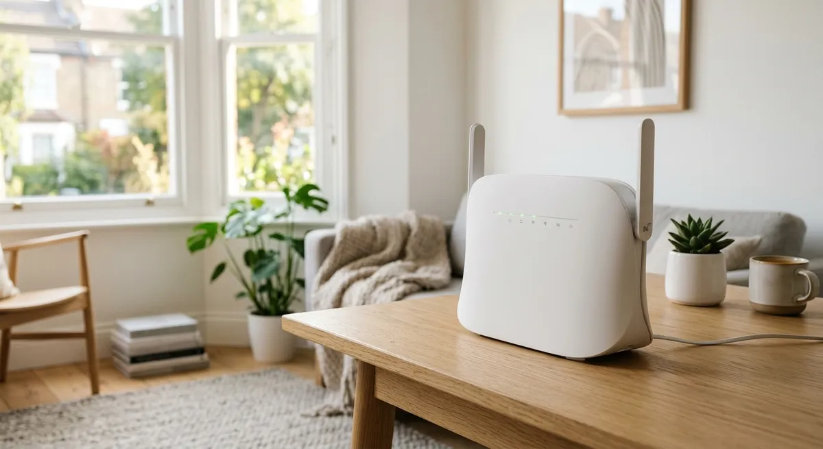 En moderne trådløs 5G internet router placeret i en lys og stilfuld stue, der leverer lynhurtigt mobilt bredbånd.